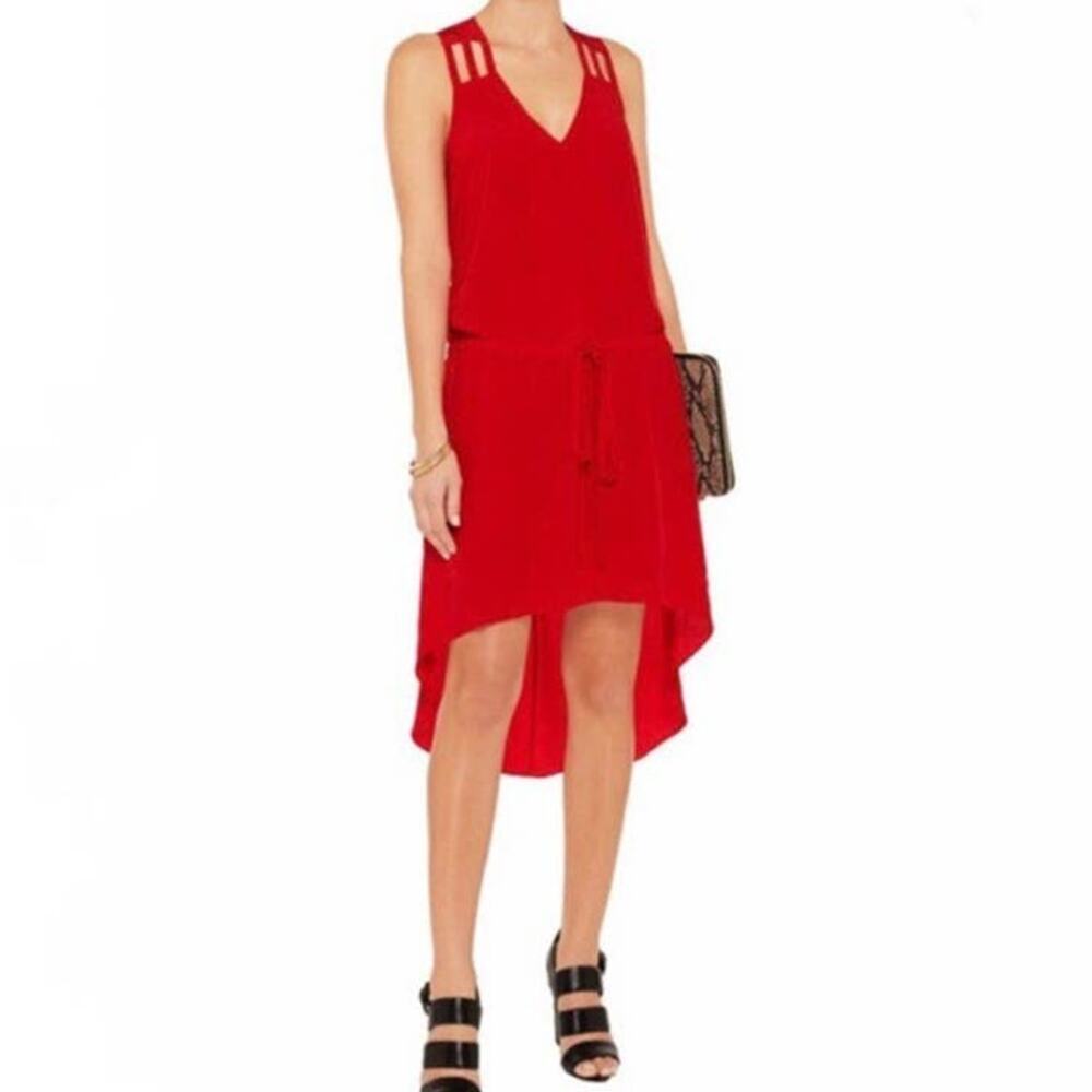 Mason 100% Silk‎ Multi Strap Sleeveless High Low V-Neck Red Dress 0 NEW $415